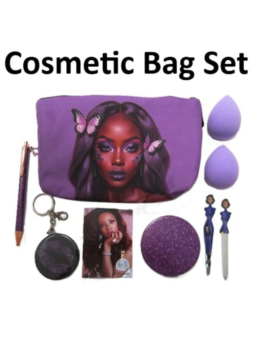 Cosmetic Bag & Accessories Purple Glitter 9 items NEW